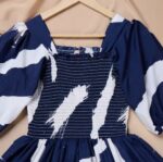 Stylish Navy Blue & White Abstract Print Flared Midi Dress for Women - Image 3