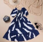 Stylish Navy Blue & White Abstract Print Flared Midi Dress for Women - Image 2