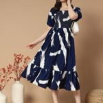 Stylish Navy Blue & White Abstract Print Flared Midi Dress for Women