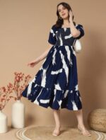 Stylish Navy Blue & White Abstract Print Flared Midi Dress for Women