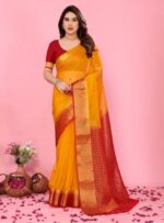 Mustard Yellow Silk Cotton Saree with Red Zari Border & Contrast Blouse – Festive/Wedding Wear" - Image 2