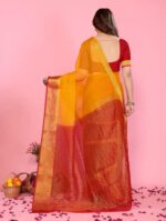 Mustard Yellow Silk Cotton Saree with Red Zari Border & Contrast Blouse – Festive/Wedding Wear" - Image 3