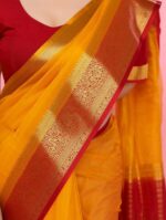 Mustard Yellow Silk Cotton Saree with Red Zari Border & Contrast Blouse – Festive/Wedding Wear" - Image 4