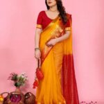 Mustard Yellow Silk Cotton Saree with Red Zari Border & Contrast Blouse – Festive/Wedding Wear"