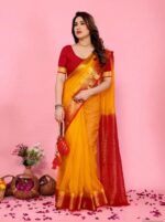 Mustard Yellow Silk Cotton Saree with Red Zari Border & Contrast Blouse – Festive/Wedding Wear"