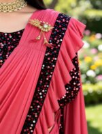 Stylish Pink Ruffle Saree with Heavy Work Blouse (Festive Wear) - Image 3