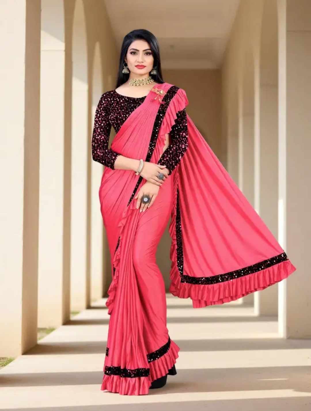 Oplus_131072 Stylish Pink Ruffle Saree with Heavy Work Blouse (Festive Wear) - Image 1