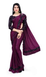 Elegant Wine Purple Ruffle Saree with Designer Blouse (Party Wear) - Image 3