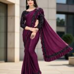 Elegant Wine Purple Ruffle Saree with Designer Blouse (Party Wear)