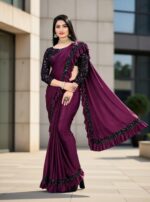 Elegant Wine Purple Ruffle Saree with Designer Blouse (Party Wear)