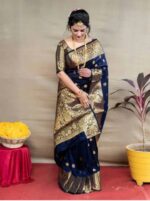 Royal Blue Banarasi Silk Saree with Gold Zari Border - Image 6