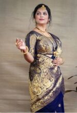 Royal Blue Banarasi Silk Saree with Gold Zari Border - Image 5
