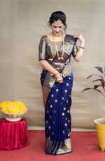 Royal Blue Banarasi Silk Saree with Gold Zari Border - Image 4