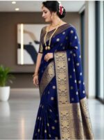 Royal Blue Banarasi Silk Saree with Gold Zari Border - Image 2