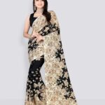 Black & Beige Floral Print Georgette Saree