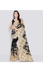Black & Beige Floral Print Georgette Saree