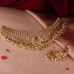 Traditional Peacock Design Gold Plated Choker Necklace Set with Pearl Drops & Earrings