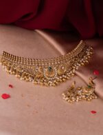 Traditional Peacock Design Gold Plated Choker Necklace Set with Pearl Drops & Earrings