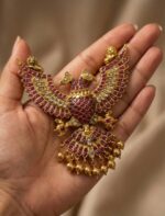 Traditional Peacock Design Gold Plated Choker Necklace Set with Pearl Drops & Earrings - Image 2