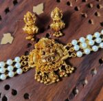 South Indian Temple Jewelry Lakshmi Choker Set with Earrings - Image 3