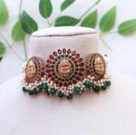 South Indian Temple Jewelry Lakshmi Choker Set with Earrings - Image 2