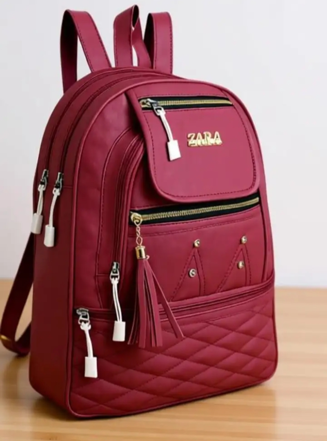 Oplus_131072 Stylish Red Leather Designer Backpack for Women (Zipper Pocket, Tassel & Multi-Compartment) - Image 1