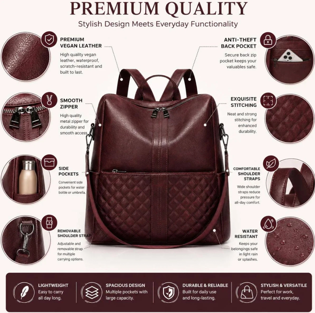 Oplus_131072 Premium Vegan Leather Anti-Theft Stylish Backpack for Women (Water Resistant, Multi-Pocket) - Image 1