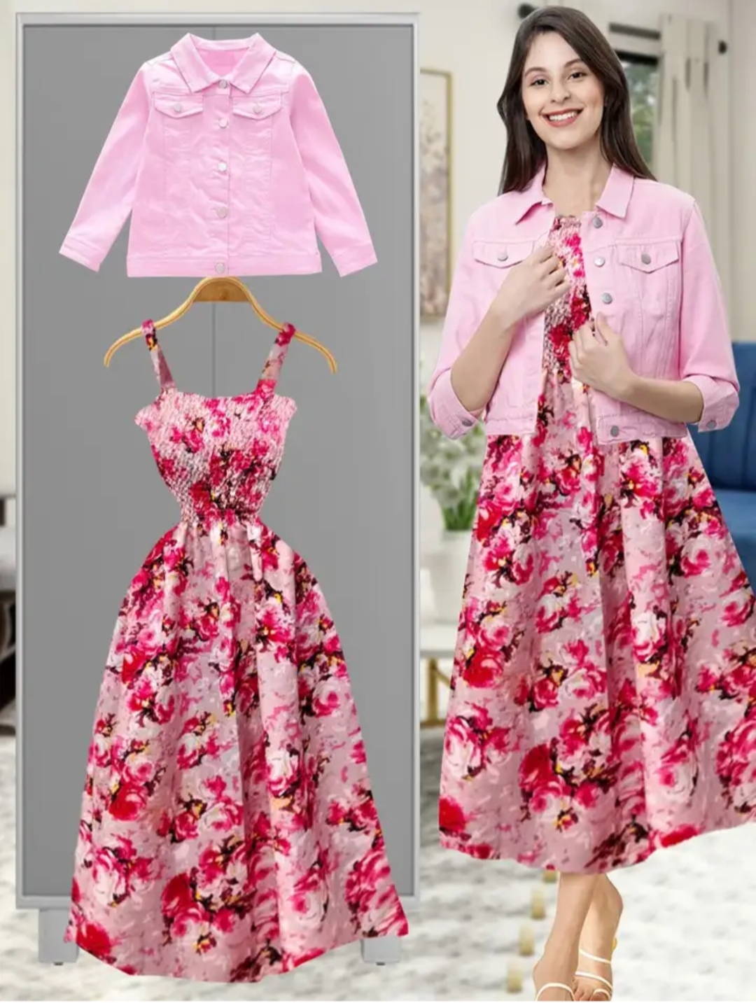 Oplus_131072 Stylish Pink Floral Midi Dress with Matching Jacket (Women Fashion Combo) - Image 1