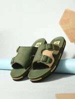 Men’s Olive Green Double Buckle Slide Sandals | Casual Comfort Slip-On Slippers