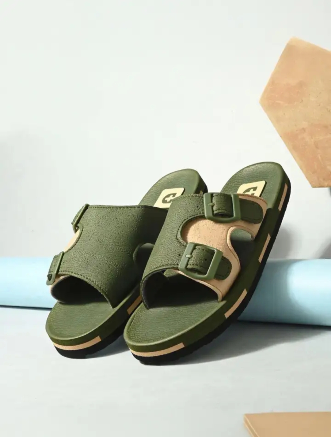 Oplus_131072 Men’s Olive Green Double Buckle Slide Sandals | Casual Comfort Slip-On Slippers - Image 1