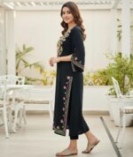Stylish Black Floral Embroidered Straight Kurti for Women (3/4 Sleeve, Ethnic Wear) - Image 3