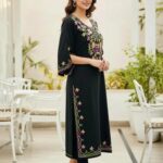 Stylish Black Floral Embroidered Straight Kurti for Women (3/4 Sleeve, Ethnic Wear)