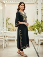 Stylish Black Floral Embroidered Straight Kurti for Women (3/4 Sleeve, Ethnic Wear)