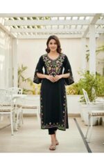 Stylish Black Floral Embroidered Straight Kurti for Women (3/4 Sleeve, Ethnic Wear) - Image 2