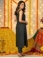 Stylish Black Striped Sleeveless Kurti with Pant Set for Women (Festive & Casual Wear) - Image 2