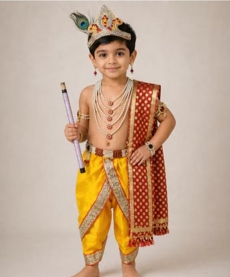Oplus_131072 Kids Krishna Fancy Dress Costume Set for Boys – Yellow Dhoti, Crown, Flute & Accessories (Janmashtami Special) - Image 1