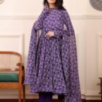 Purple Floral Printed Anarkali Gown Kurti for Women | Full Flared Ethnic Dress