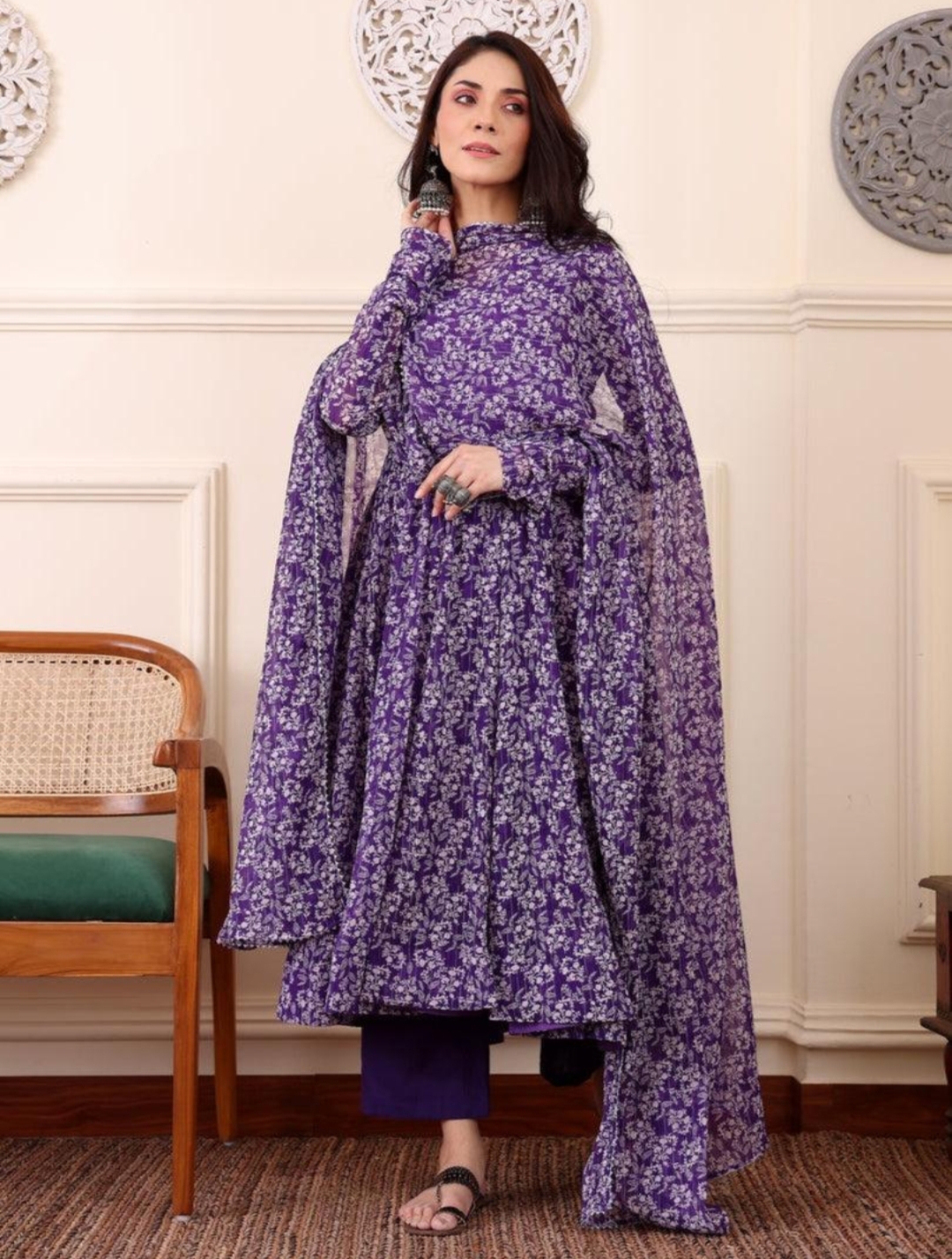 Oplus_131072 Purple Floral Printed Anarkali Gown Kurti for Women | Full Flared Ethnic Dress - Image 1