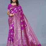 Suntex Printed Banarasi Silk Blend Saree with Unstitched Blouse (Purple)
