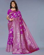 Suntex Printed Banarasi Silk Blend Saree with Unstitched Blouse (Purple)